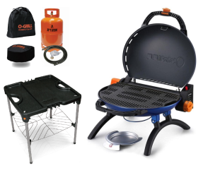 גריל גז נייד 500 כחול O-GRILL כולל  מיכל גז 5 קג ווסת וצינור + שולחן מתקפל ,תיק נשיאה וכיסוי